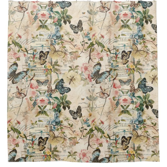 Vintage Multi Butterflies and Flowers Shower Curtain (Front)