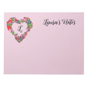 Vintage Multicolored Flowers Heart Monogram Name Notepad