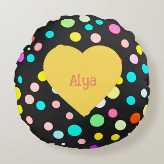 Vintage multicolored polka dots heart and name round cushion