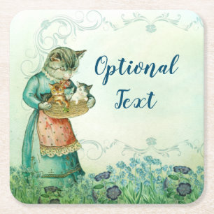 Vintage Mum Cat with Kittens Square Paper Coaster