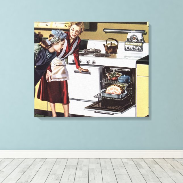 Vintage Mum in the Kitchen Cooking an Easter Ham Canvas Print (Insitu(Wood Floor))