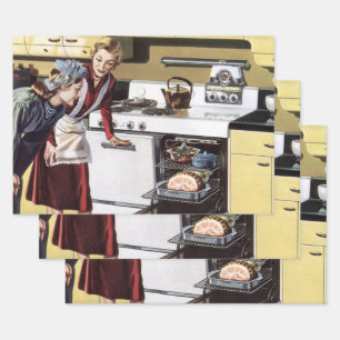 Vintage Mum in the Kitchen Cooking an Easter Ham Wrapping Paper Sheet