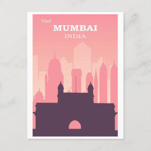 Vintage Mumbai India City Skyline Pink Travel Postcard