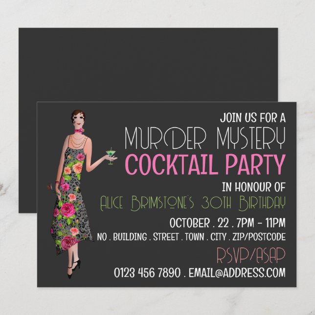 Vintage Murder Mystery Cocktail Party, Birthday Invitation (Front/Back)
