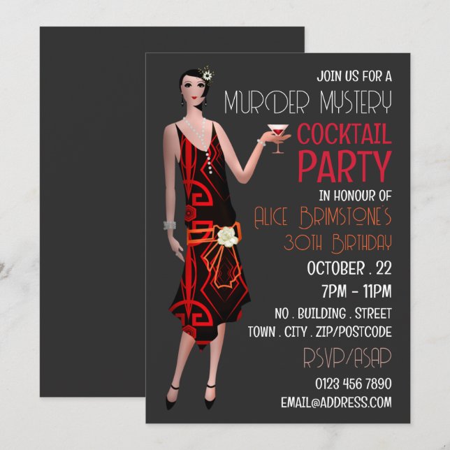 Vintage Murder Mystery Cocktail Party, Birthday  Invitation (Front/Back)