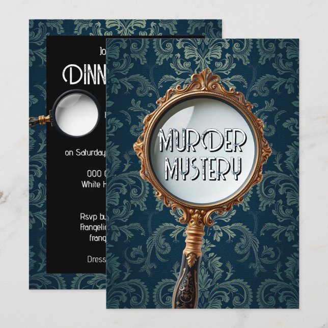 Vintage murder mystery dinner party retro blue invitation (Front/Back)