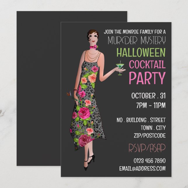 Vintage Murder Mystery Halloween Cocktail Party Invitation (Front/Back)
