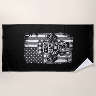 Vintage Muscle Car Piston American Flag Funny Mech Beach Towel