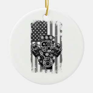 Vintage Muscle Car Piston American Flag Funny Mech Ceramic Tree Decoration