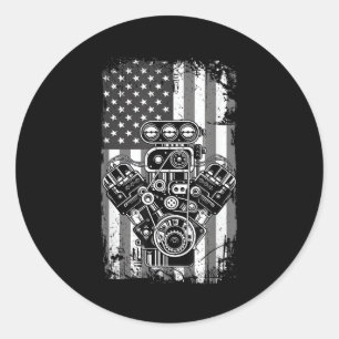 Vintage Muscle Car Piston American Flag Funny Mech Classic Round Sticker