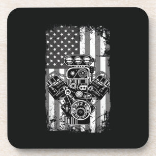 Vintage Muscle Car Piston American Flag Funny Mech Coaster