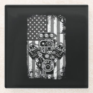 Vintage Muscle Car Piston American Flag Funny Mech Glass Coaster