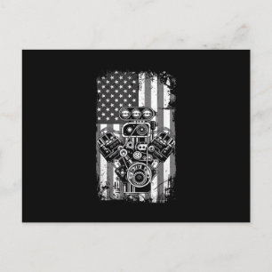 Vintage Muscle Car Piston American Flag Funny Mech Holiday Postcard