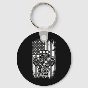 Vintage Muscle Car Piston American Flag Funny Mech Key Ring