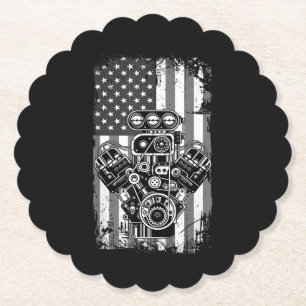Vintage Muscle Car Piston American Flag Funny Mech Paper Coaster