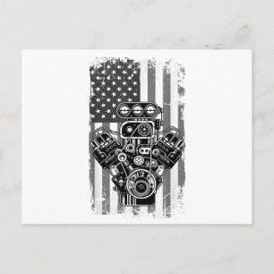 Vintage Muscle Car Piston American Flag Funny Mech Postcard