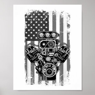 Vintage Muscle Car Piston American Flag Funny Mech Poster