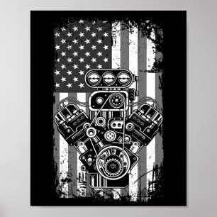 Vintage Muscle Car Piston American Flag Funny Mech Poster
