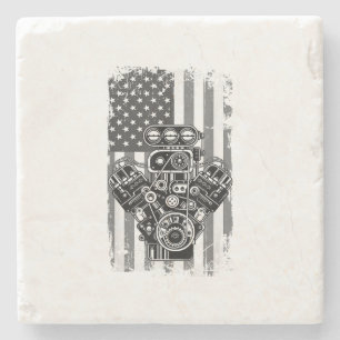 Vintage Muscle Car Piston American Flag Funny Mech Stone Coaster