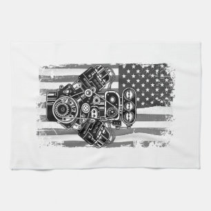 Vintage Muscle Car Piston American Flag Funny Mech Tea Towel