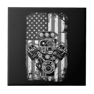Vintage Muscle Car Piston American Flag Funny Mech Tile