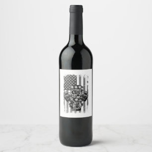 Vintage Muscle Car Piston American Flag Funny Mech Wine Label