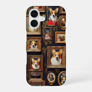 Vintage Museum Wall, Hilarious Corgi Dog Portraits iPhone 16 Case