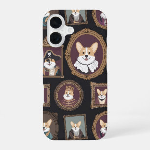 Vintage Museum Wall, Hilarious Corgi Dog Portraits iPhone 16 Case