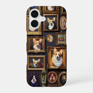 Vintage Museum Wall, Hilarious Corgi Dog Portraits iPhone 16 Case