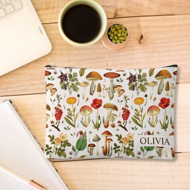 Vintage Mushroom and Wildflower Accessory Pouch (In situ, on office desk)
