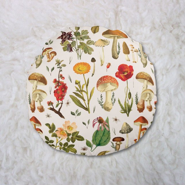 Vintage Mushroom and Wildflower Pattern Round Cushion (In situ)
