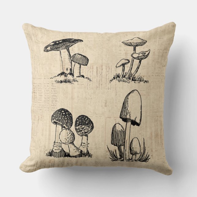 Vintage Mushroom Art Illustration Cushion (Front)