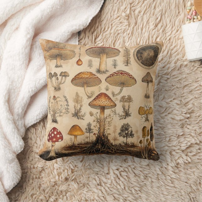 Vintage Mushroom Botanical Chart (6) Cushion (Blanket)