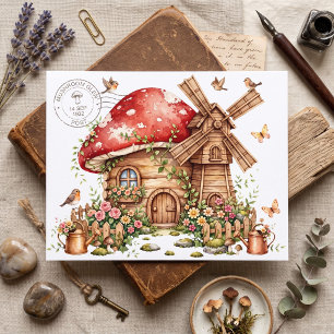 Vintage, mushroom cottage postcard