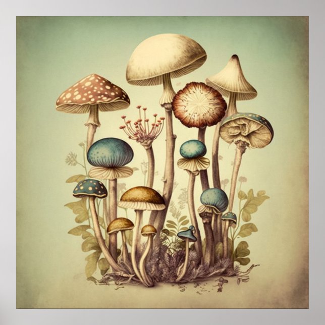 Vintage Mushroom Digital Art 12 Poster (Front)