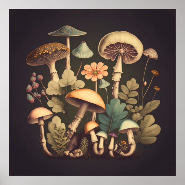 Vintage Mushroom Digital Art 3 Poster (Front)
