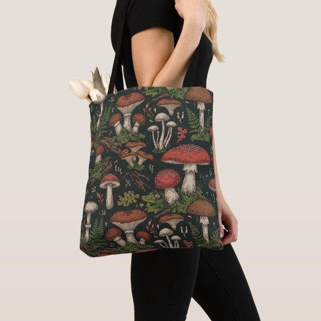 Vintage Mushroom Forest Botanical Tote Bag (Close Up)