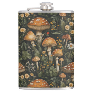 Vintage Mushroom Garden Seamless Pattern Hip Flask