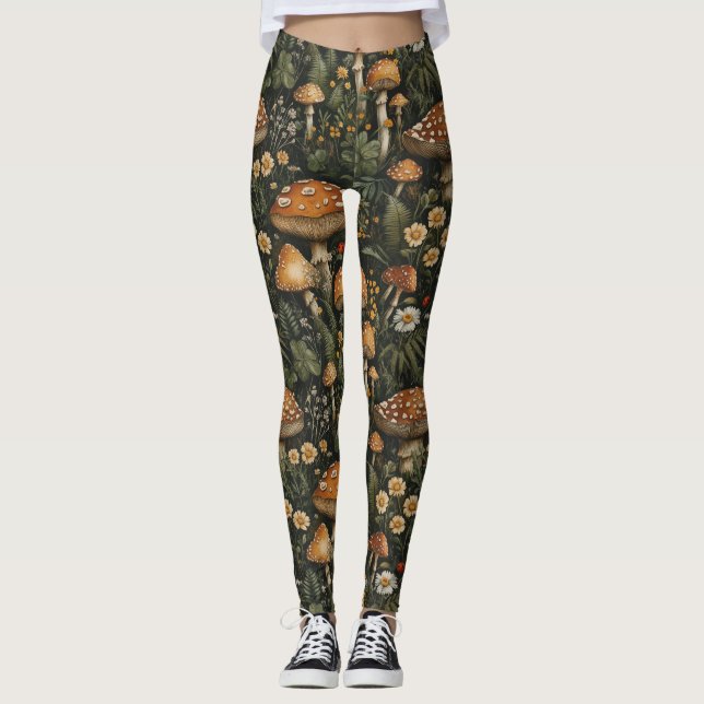 Vintage Mushroom Garden Seamless Pattern Leggings (Front)