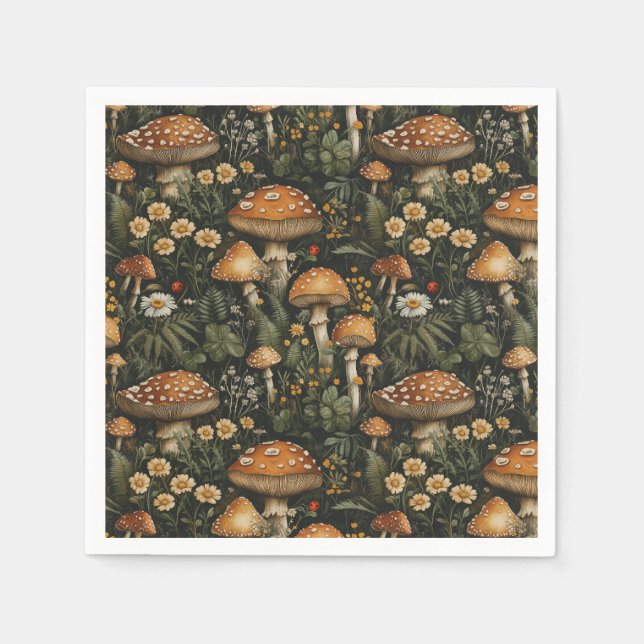 Vintage Mushroom Garden Seamless Pattern Napkin (Front)