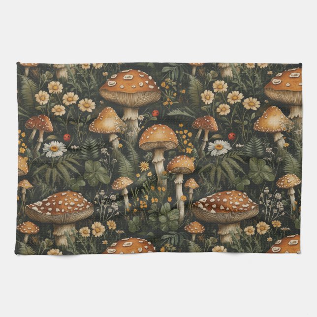 Vintage Mushroom Garden Seamless Pattern Tea Towel (Horizontal)