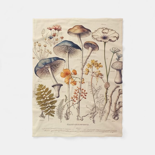 Vintage Mushroom Naturalist Fleece Blanket (Front)