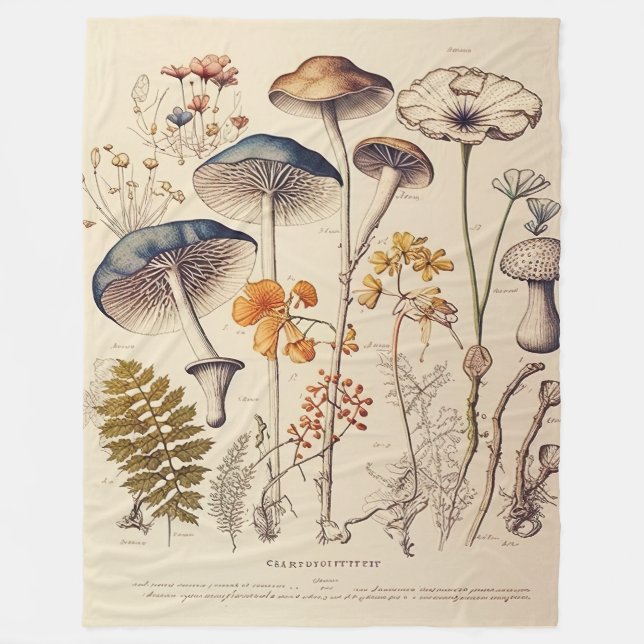 Vintage Mushroom Naturalist Fleece Blanket (Front)