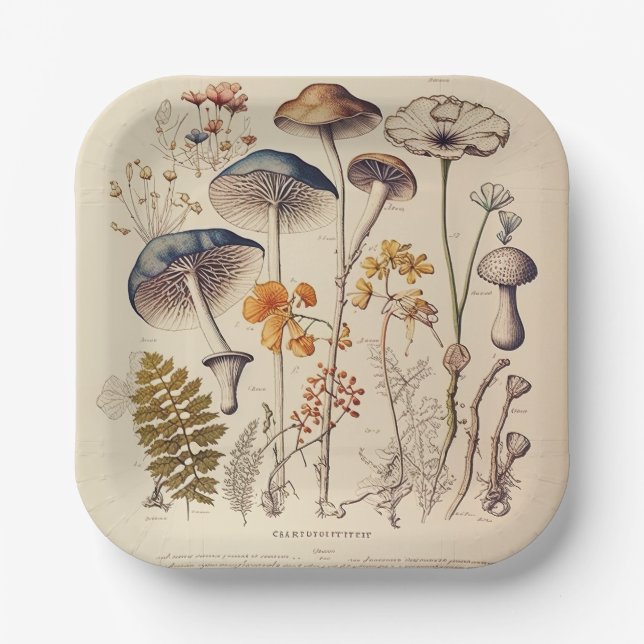 Vintage Mushroom Naturalist Paper Plate (Front)
