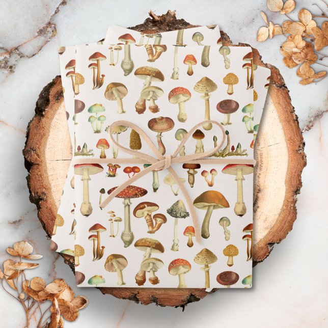 Vintage Mushroom Pattern Wrapping Paper Sheet (Close up)