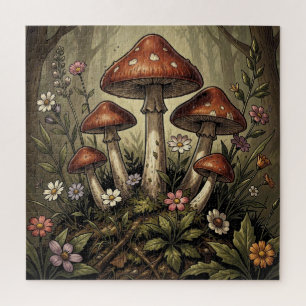 Vintage Mushroom Red Caps and Wildflowers Art Jigsaw Puzzle