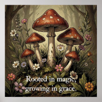 Vintage Mushroom Red Caps and Wildflowers Art