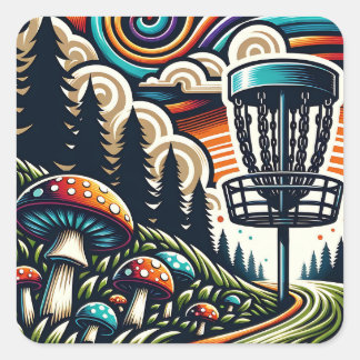 Vintage Mushrooms and Disc Golf Course Ai Art Square Sticker
