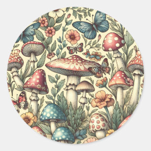 Vintage Mushrooms, Flowers, Butterflies Whimsical Classic Round Sticker