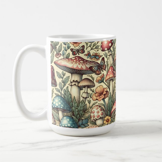 Vintage Mushrooms, Flowers, Butterflies Whimsical Coffee Mug (Left)